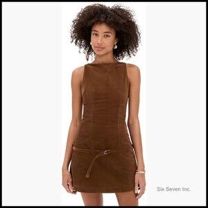 Lightweight Corduroy Mini Dress with Slim Belt, Hook-and-Eye Back